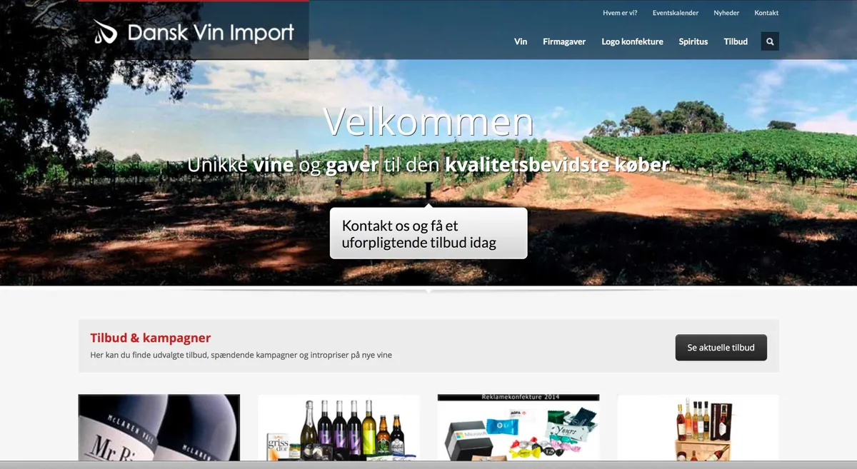 Skærmbillede af hjemmesiden for Dansk Vin Import